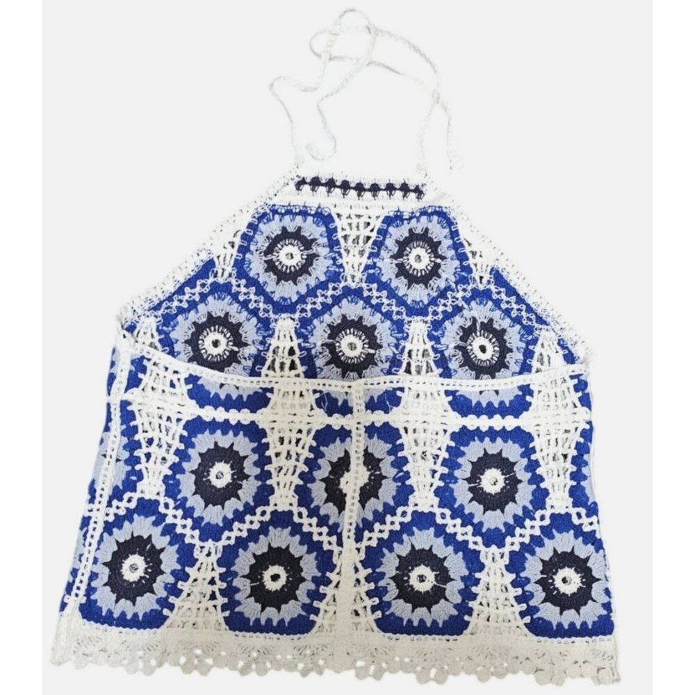 Crochet Halter Top Blue & White Floral Pattern Rebellion Parade M - Picture 4 of 7